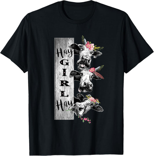 Heifer Hay Girl Hay Crazy Cow With Boho Flowers Shirt T-Shirt - T-Shirt | Black