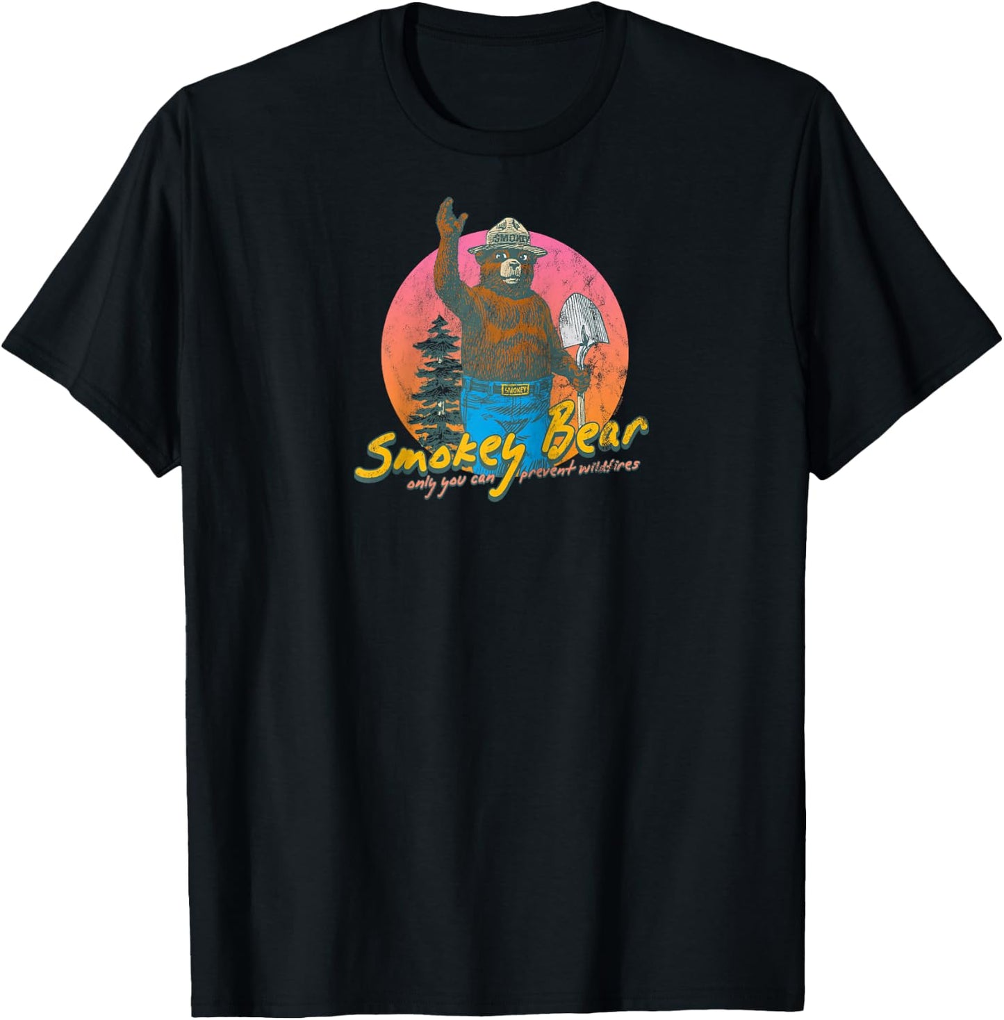 Smokey Bear Retro Smokey Bear Colorful Sunset PSA Raglan Baseball T-Shirt - T-Shirt | Black