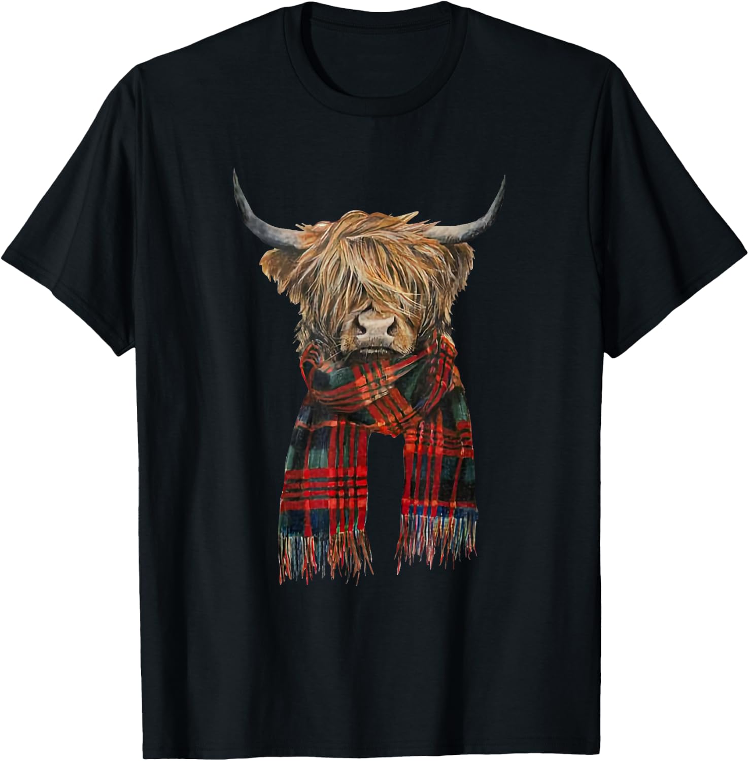 Cute Highland Cow Wearing Buffalo Plaid Scarf Farming Farmer T-Shirt - T-Shirt | Black