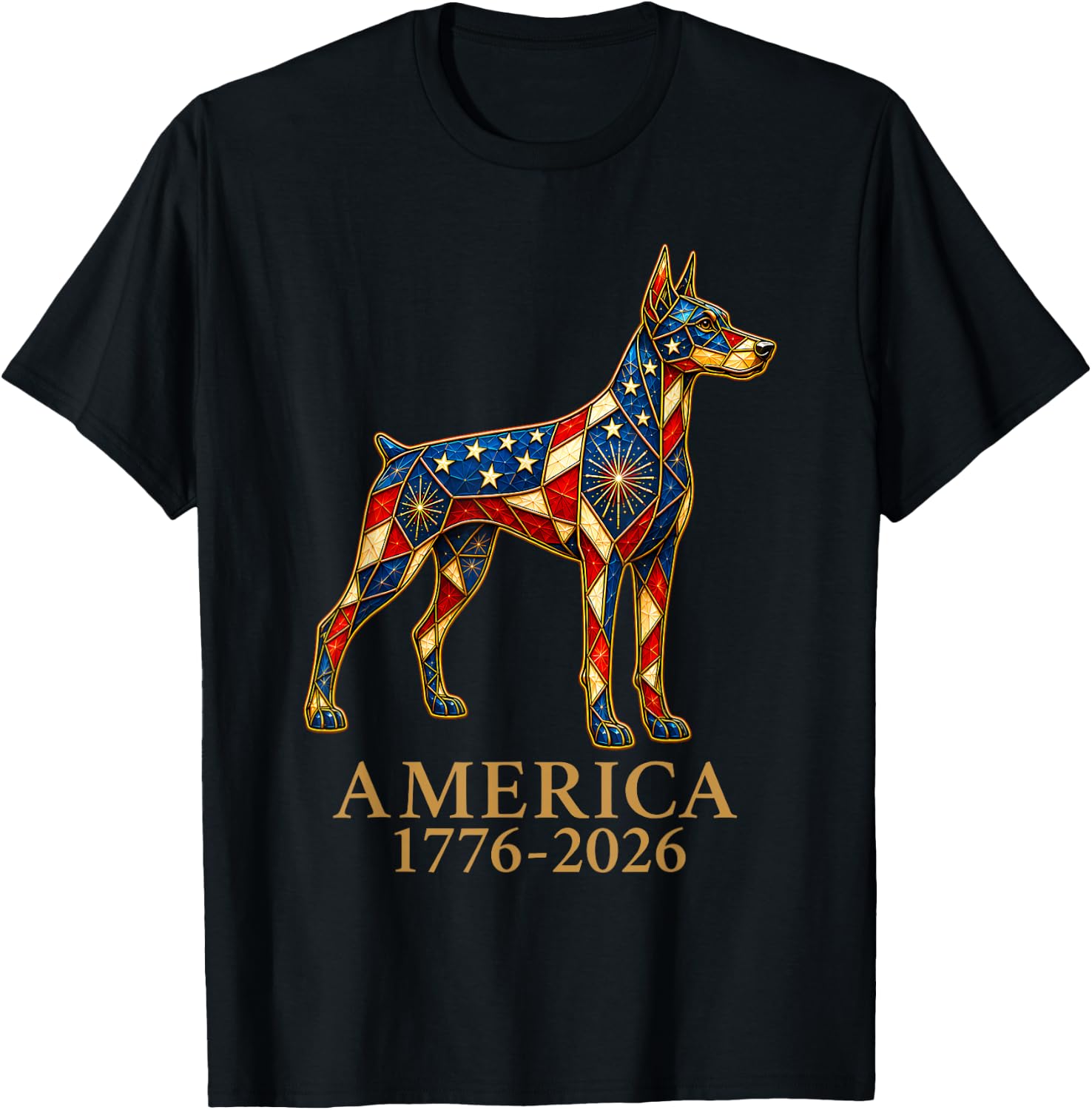 America 1776-2026 Doberman Pinscher Patriotic US Flag USA T-Shirt - T-Shirt | Black