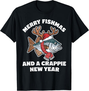 Merry Fishmas and a Crappie New Year Fishing Pun T-Shirt - T-Shirt | Black