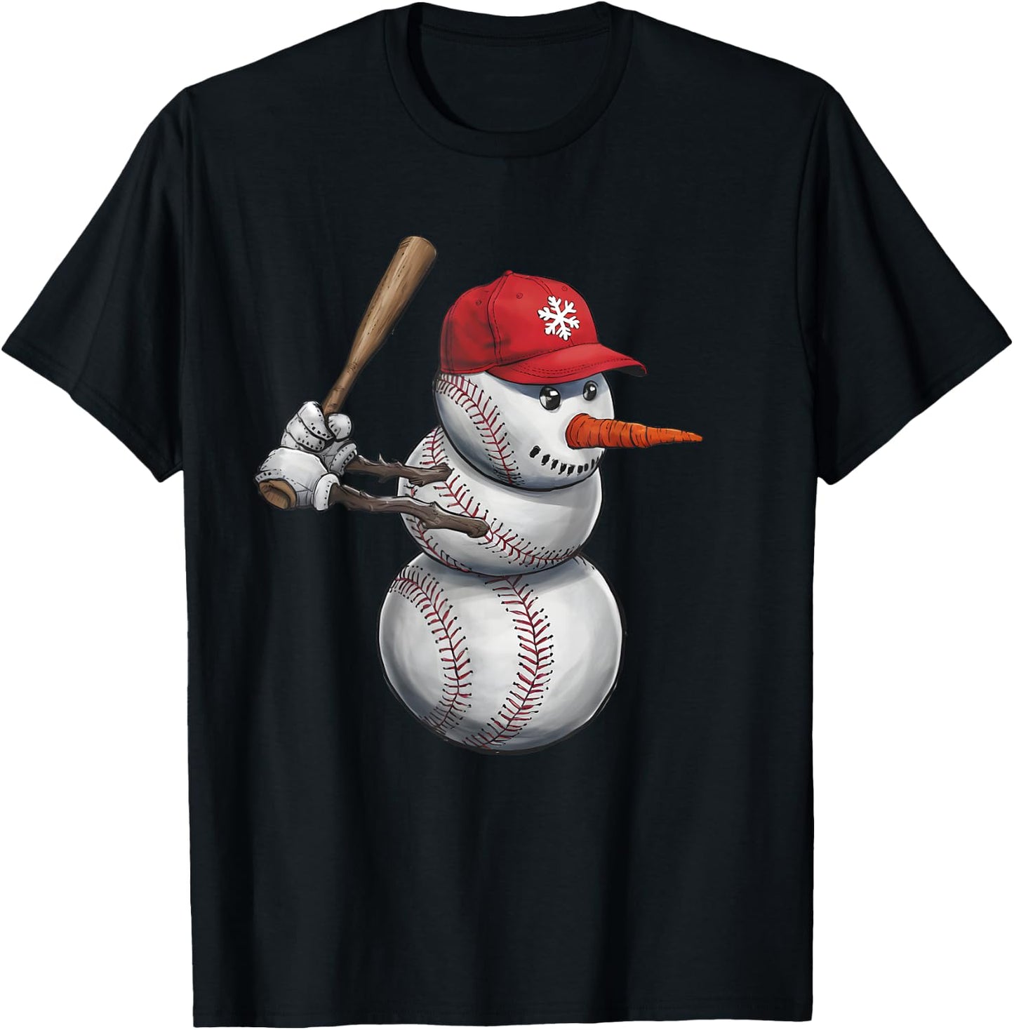 Baseball Snowman Balls Snow Christmas Xmas Men Women Player T-Shirt - T-Shirt | Black