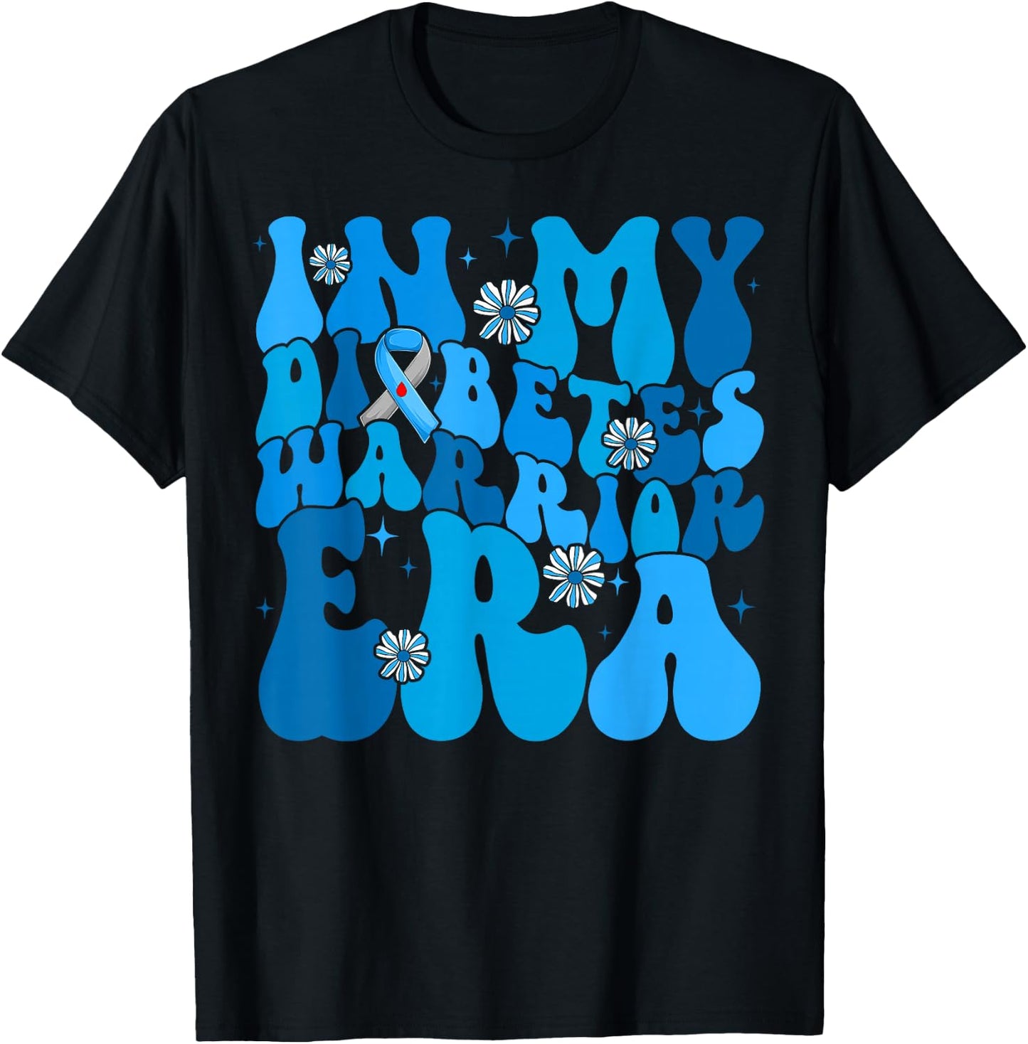 Retro Groovy In My Diabetes Warrior Era Blue Gray Ribbon T-Shirt - T-Shirt | Black