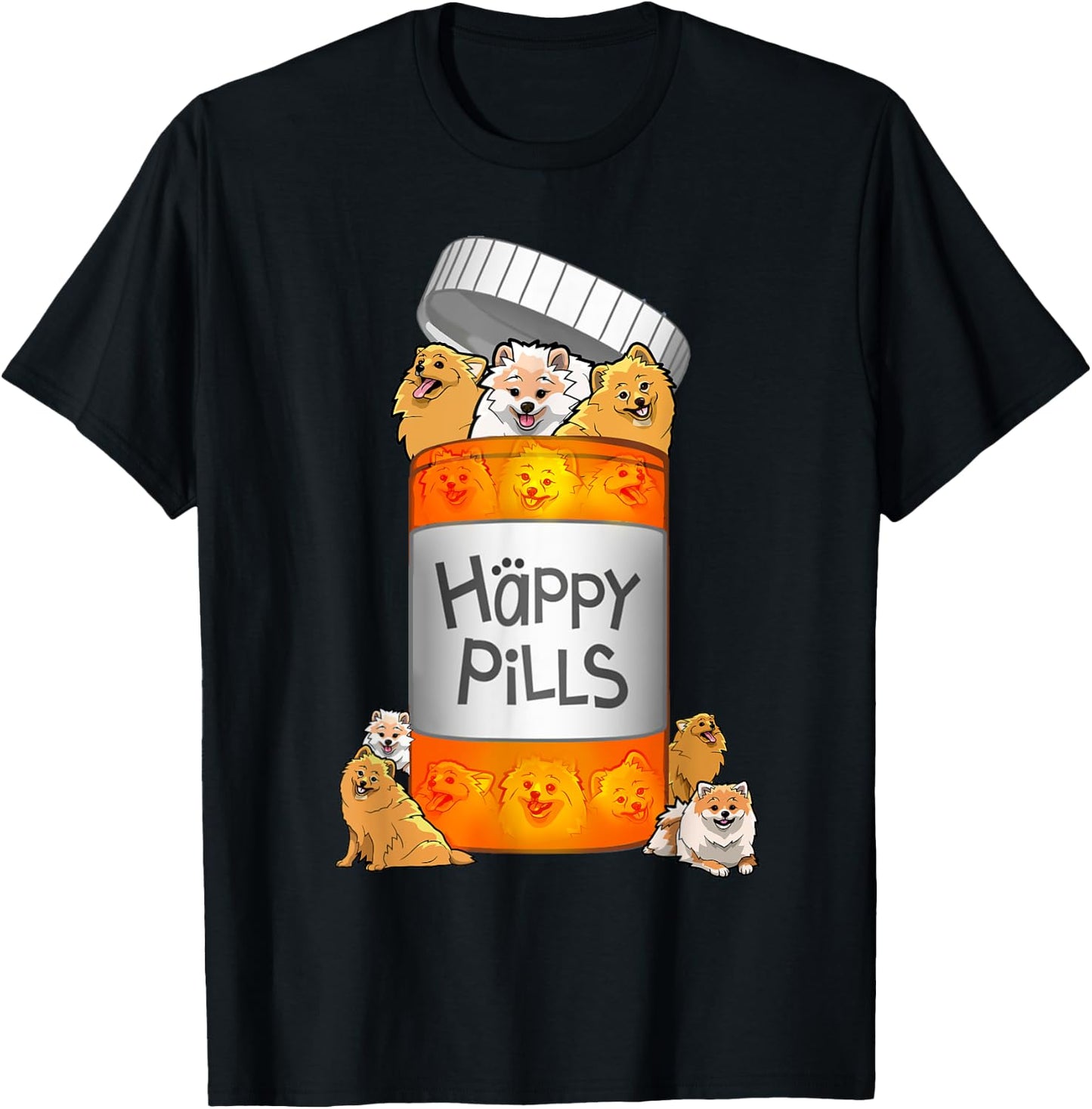 Pomeranian Happy Pills T-Shirt - T-Shirt | Black