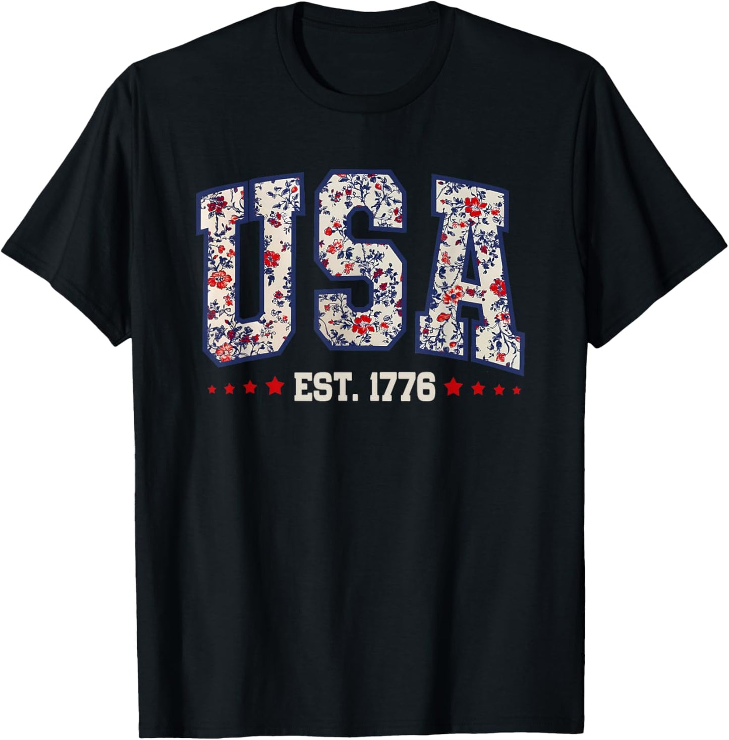 USA Est 1776 Floral Patriotic America 4th of July Women Girl T-Shirt - T-Shirt | Black