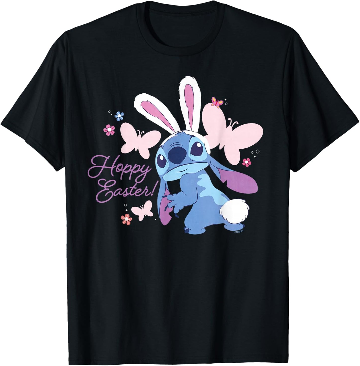 Disney Lilo & Stitch Hoppy Easter Bunny and Butterflies T-Shirt - T-Shirt | Black