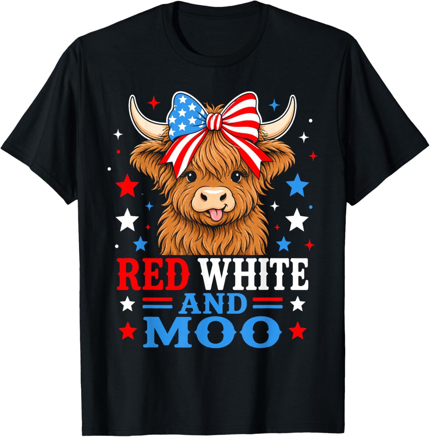 Red White and Moo Highland Patriotic Fluffy Cow 4th of July T-Shirt - T-Shirt | Black