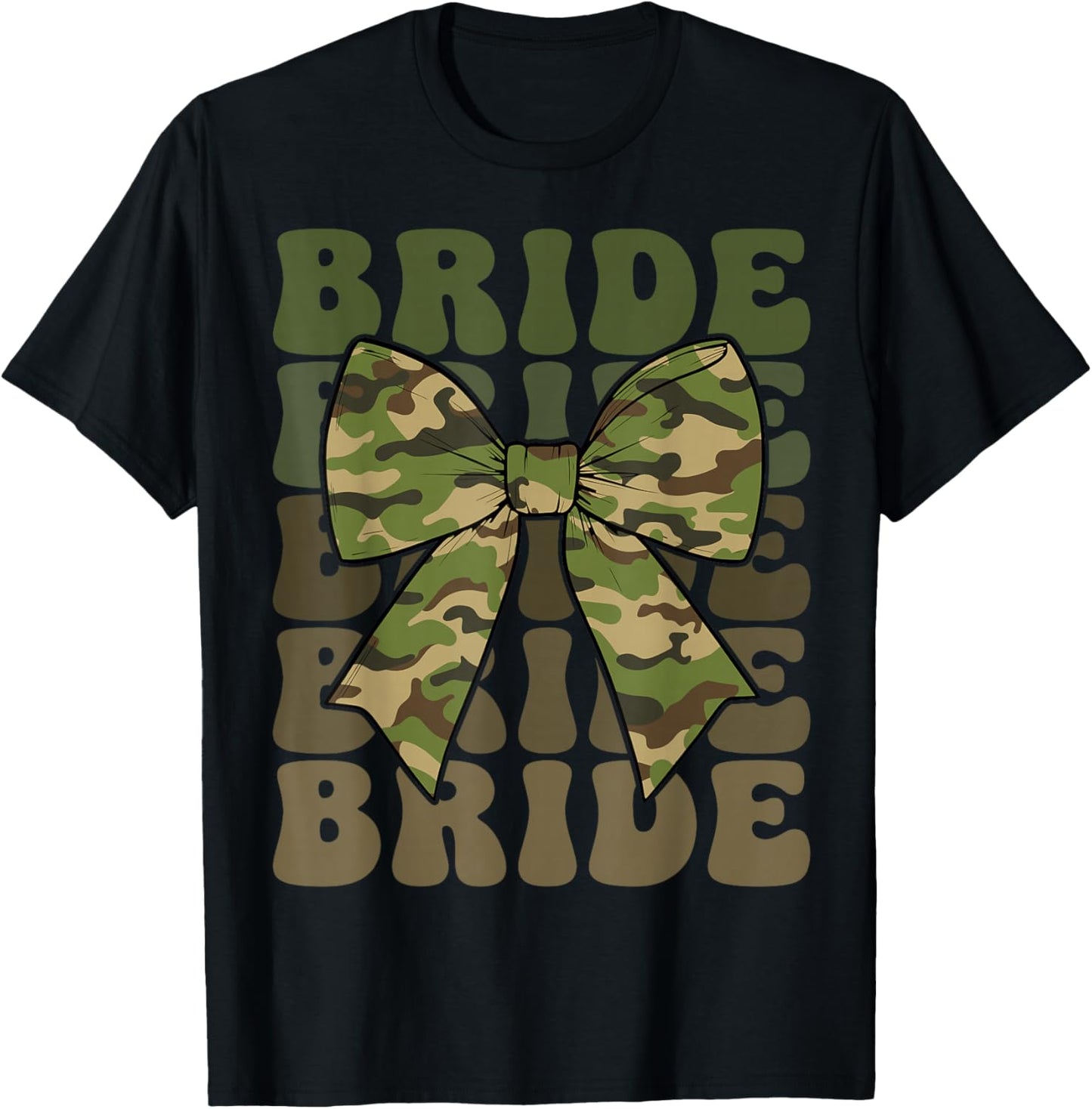 Camo Bride Coquette Bow Retro Groovy Camouflage Bridal Party T-Shirt - T-Shirt | Black