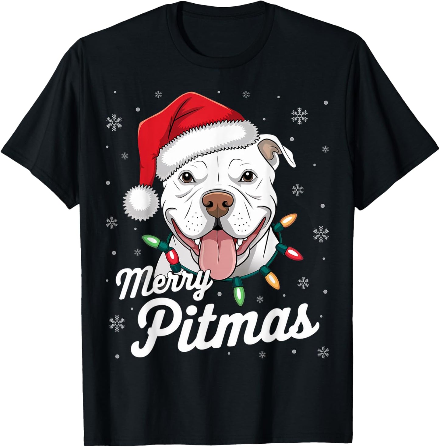 Merry Pitmas Pitbull Dog Xmas Lights Santa Hat Christmas Women T-Shirt - T-Shirt | Black