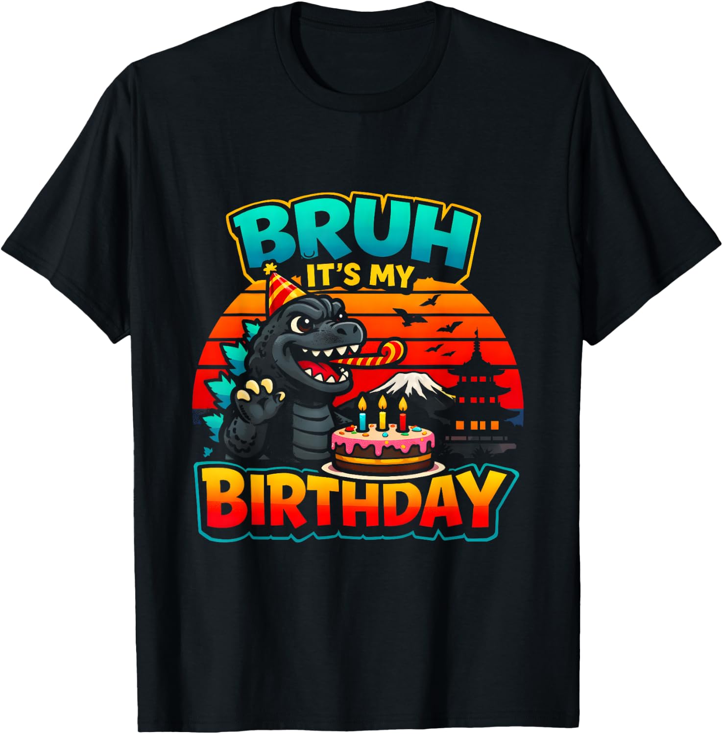 Funny Dinosaur It’s My Birthday Retro Sunset Giant Monster T-Shirt - T-Shirt | Black