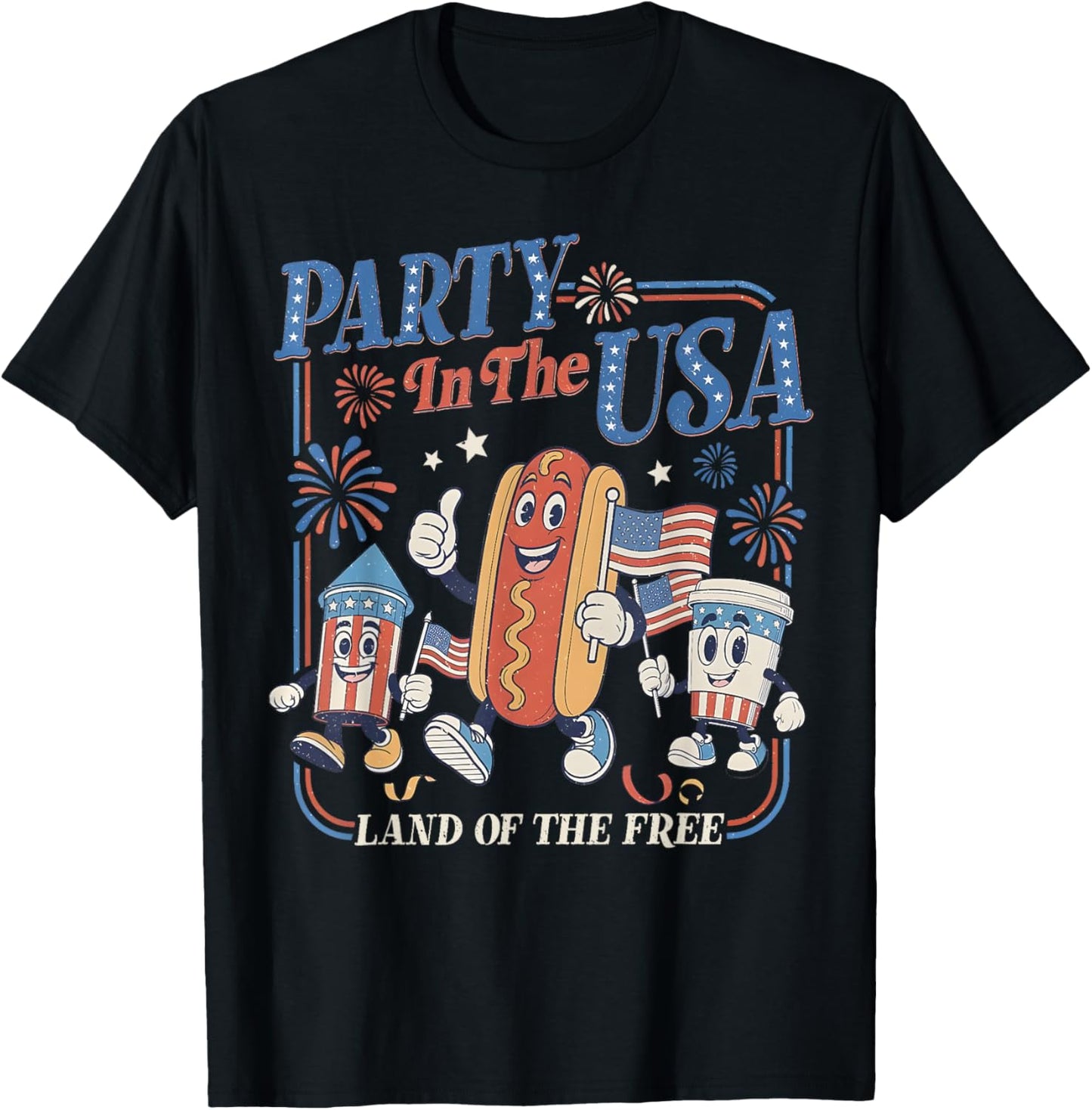Retro Party In The USA Hot Dog Flag USA 4th Of July Party Men Women Kids T-Shirt - T-Shirt | Black