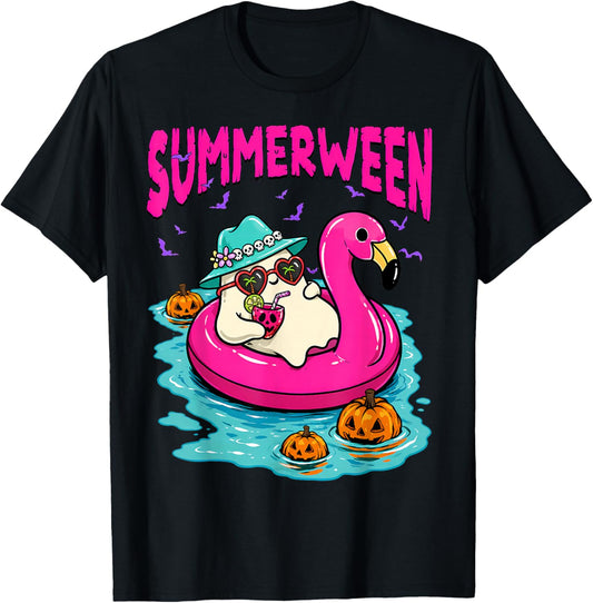 Summerween Funny Ghost Halloween Summer Floating in Flamingo T-Shirt - T-Shirt | Black