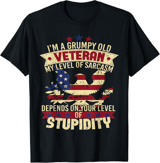 Level Of Sarcasm Stupidity Grumpy Old Veteran Soldier Shirt T-Shirt - T-Shirt | Black