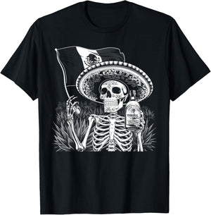 Mexico Vintage Skeleton Tequila Dia De Los Muertos Mexican T-Shirt - T-Shirt | Black