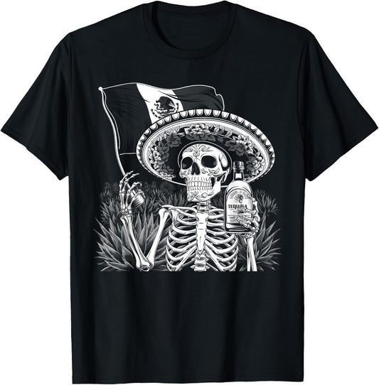Mexico Vintage Skeleton Tequila Dia De Los Muertos Mexican T-Shirt - T-Shirt | Black