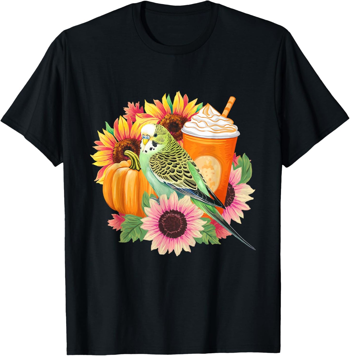 Budgies Autumn Love Pumpkin Latte and Flowers T-Shirt - T-Shirt | Black