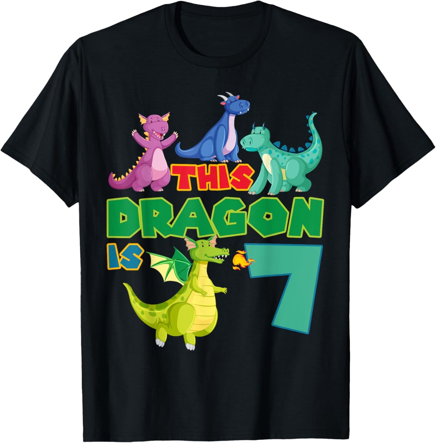 Dragon 7th Birthday Party Mythical Creature Fantasy Theme T-Shirt - T-Shirt | Black