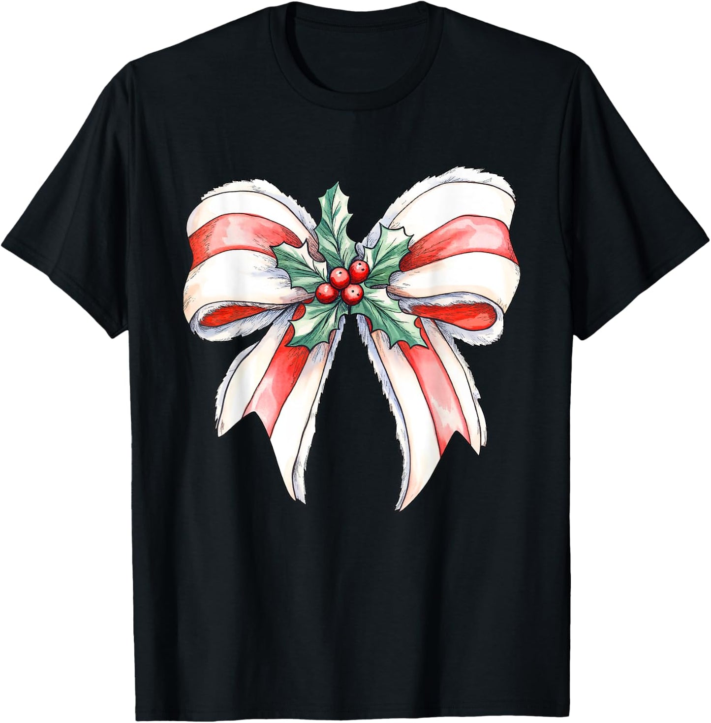 Coquette Christmas Bow Girls Women Holiday Ribbon Mistletoe T-Shirt - T-Shirt | Black