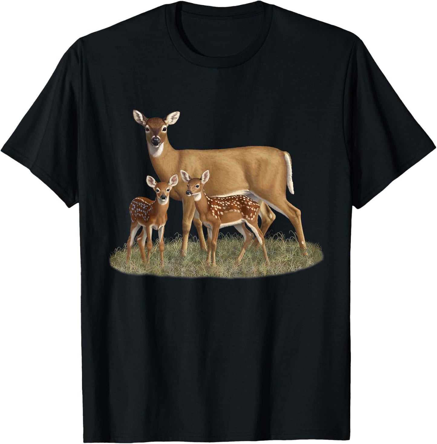 Whitetail Deer Doe & Cute Twin Fawns Wildlife Art T-Shirt - T-Shirt | Black