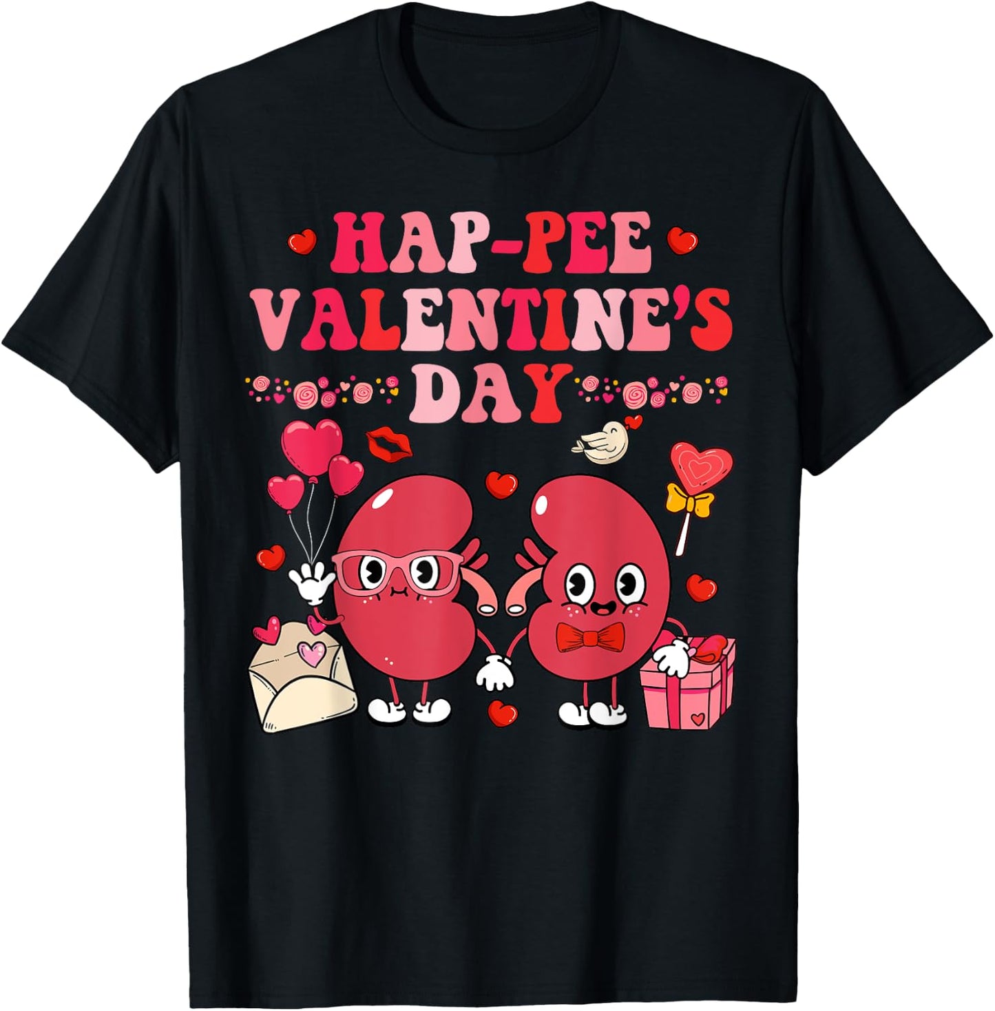Groovy Happy Valentine's Day Kidney Urology Black Retro Valentine's Day -Adults Nurse T-Shirt - T-Shirt | Black
