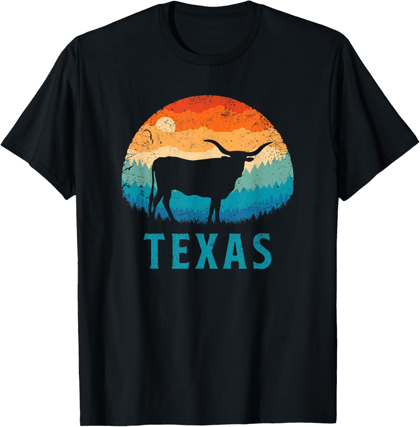 Texas Longhorn Cow Vintage Texan Cattle Herd Retro Lone Star T-Shirt - T-Shirt | Black
