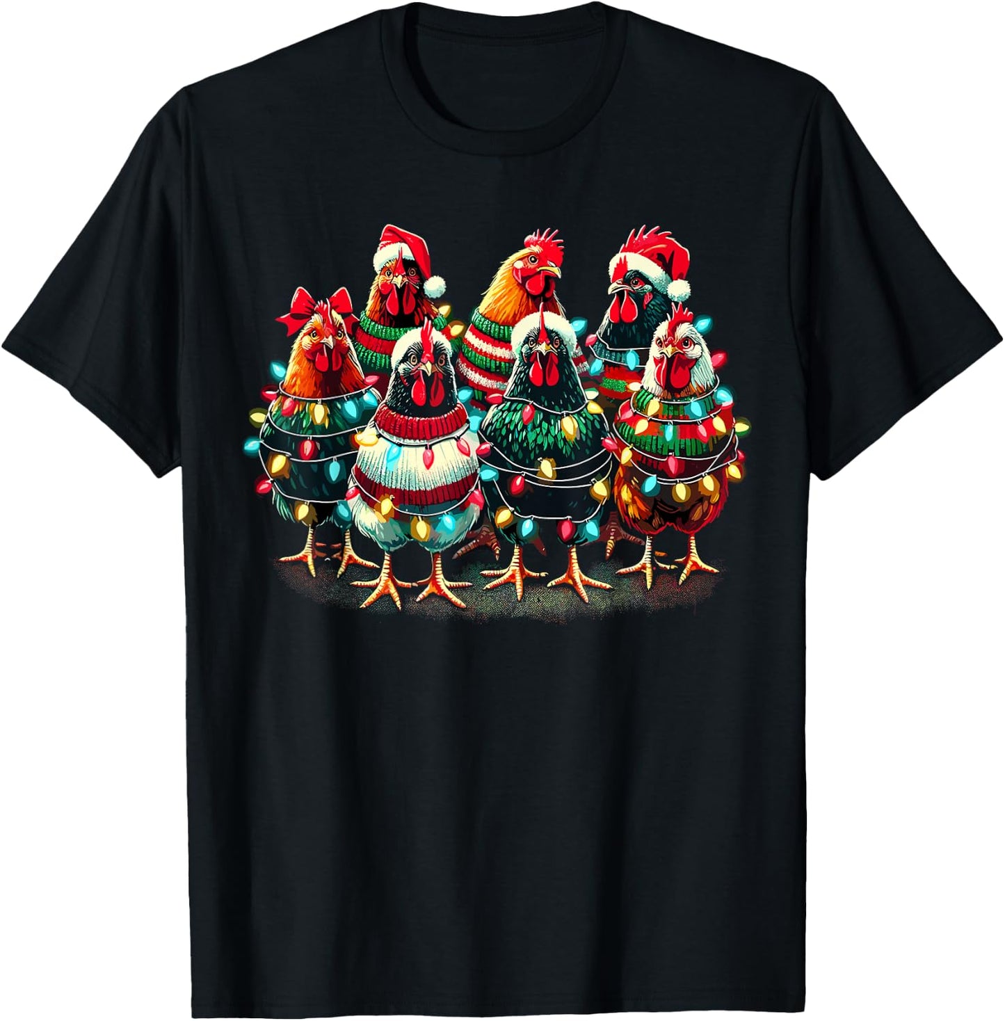 Chicken Christmas Lights Farm Animal Cute Xmas T-Shirt - T-Shirt | Black