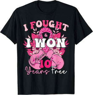 I Fought And I Won 10 Years Free Breast Cancer 2024 Survivor T-Shirt - T-Shirt | Black