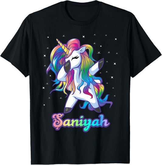 SANIYAH Name Personalized Custom Rainbow Unicorn Dabbing T-Shirt - T-Shirt | Black