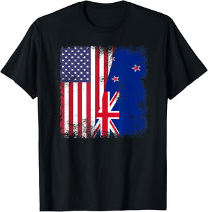 Half Kiwi Flag | Vintage New Zealand USA Gift T-Shirt - T-Shirt | Black