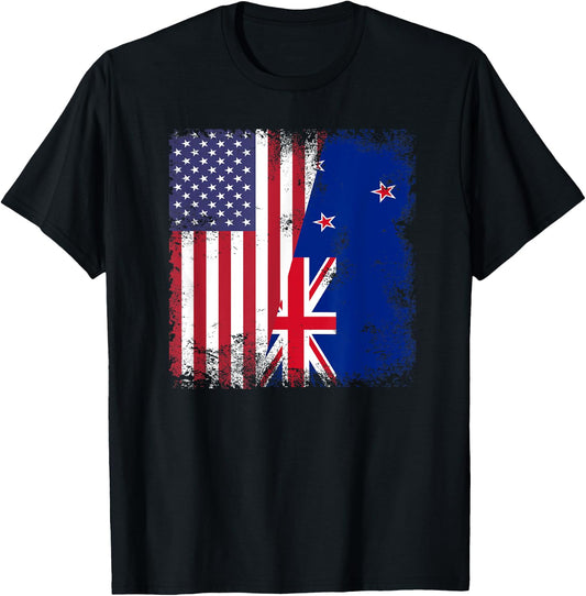 Half Kiwi Flag | Vintage New Zealand USA Gift T-Shirt - T-Shirt | Black