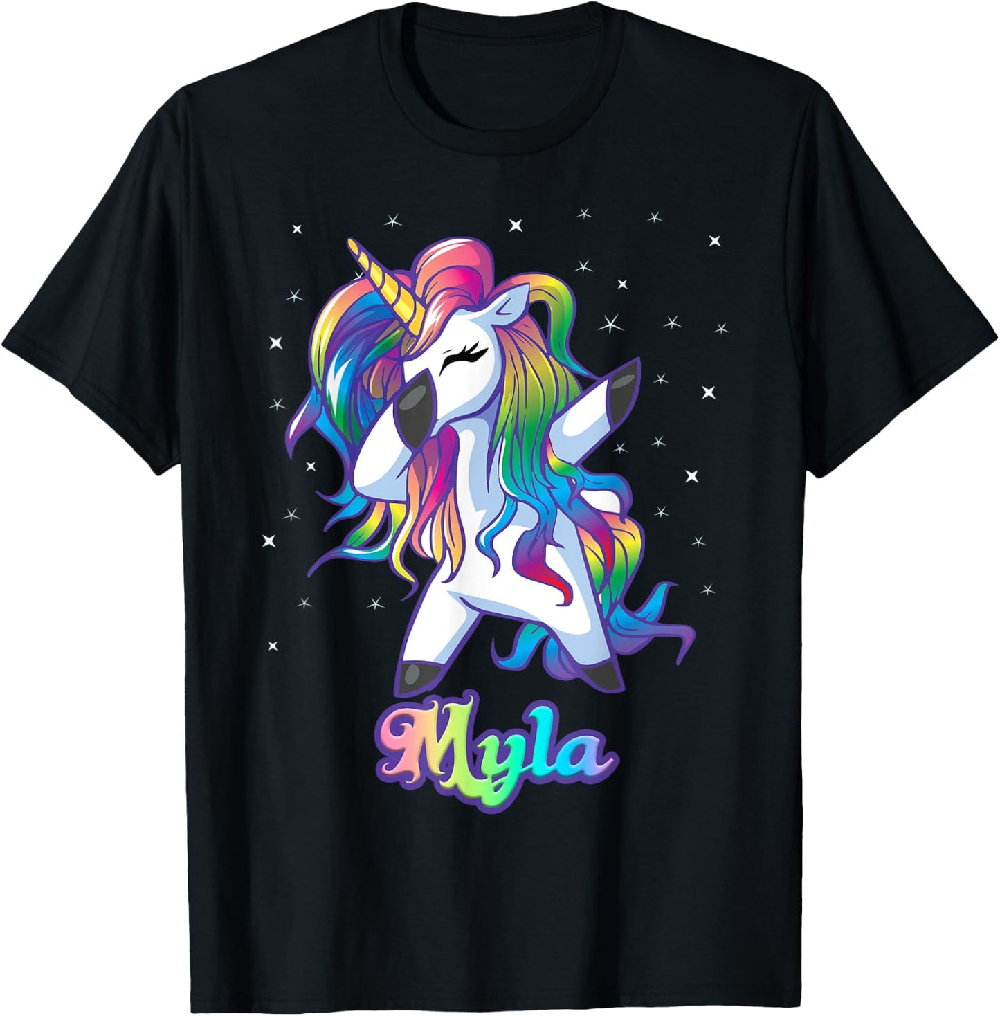 MYLA Name Personalized Custom Rainbow Unicorn Dabbing T-Shirt - T-Shirt | Black