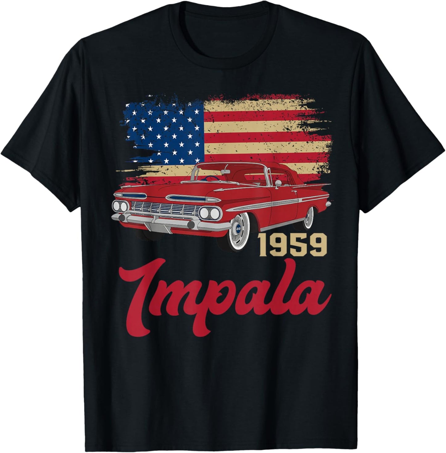 1959 59 Impala Old School Muscle Car American Flag T-Shirt - T-Shirt | Black