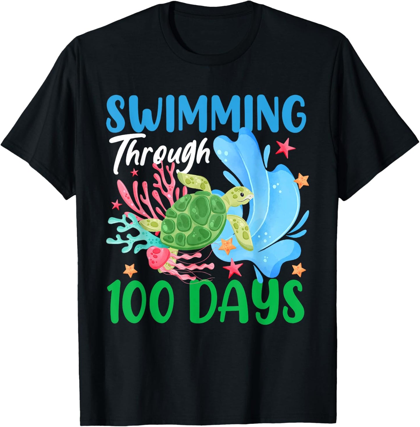 Sea Turtle Swimming Through 100 Days Of School Teacher Kids T-Shirt - T-Shirt | Black