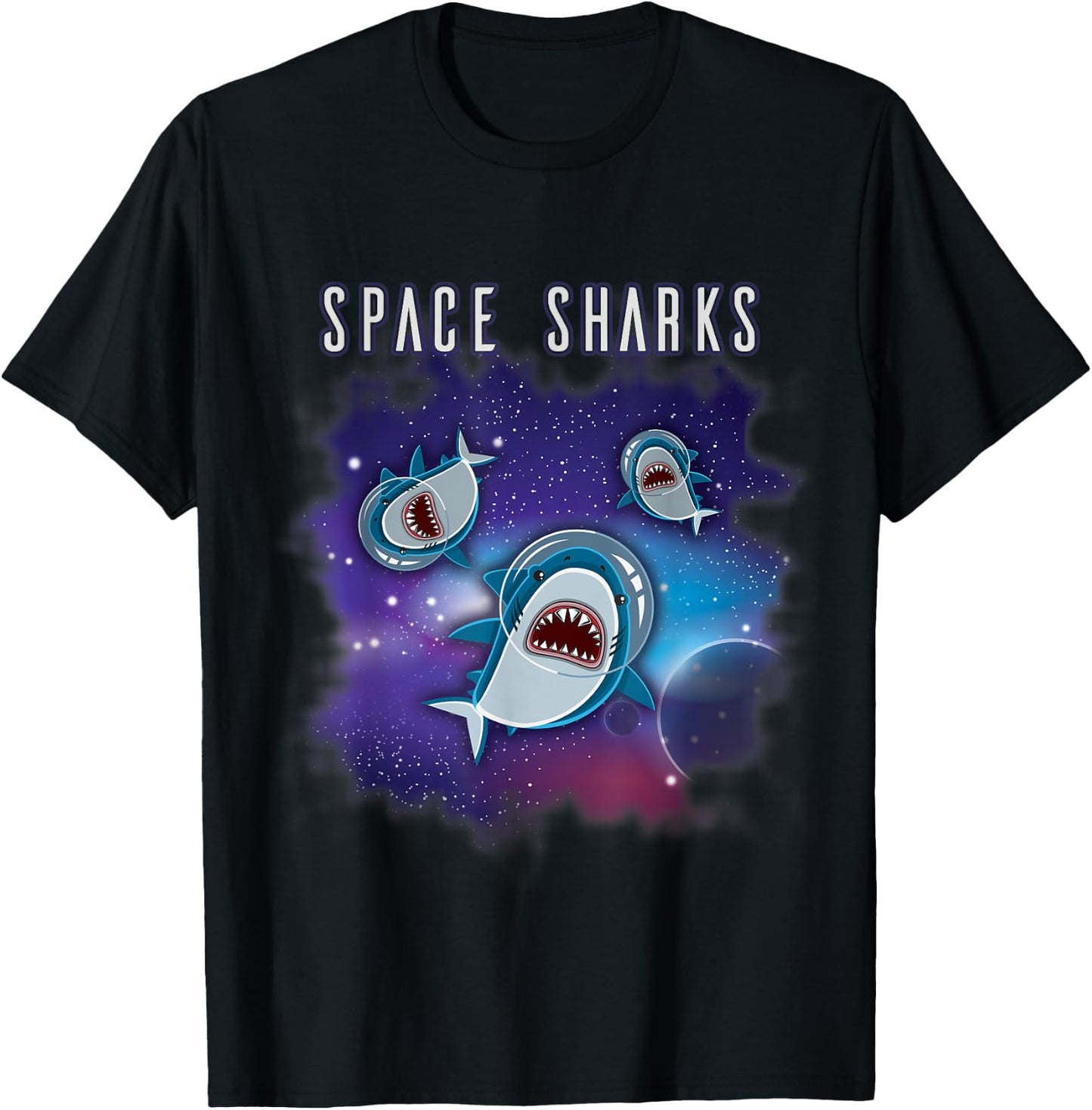 SPACE SHARKS | Funny Astronaut Sharks in Space T-Shirt - T-Shirt | Black