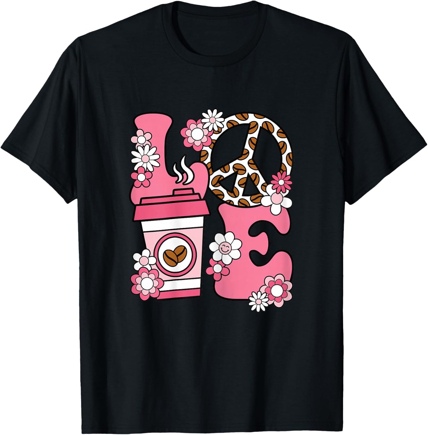Cute Coffee Clothing Women Women's Graphic Pink Coffee Cup Print X-Small Black Coffee Lover T-Shirt - T-Shirt | Black