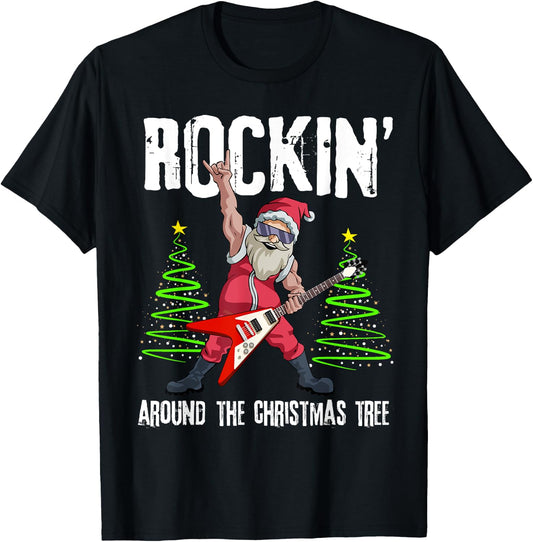Rockin around Christmas Tree Funny Rocker Santa T-Shirt - T-Shirt | Black
