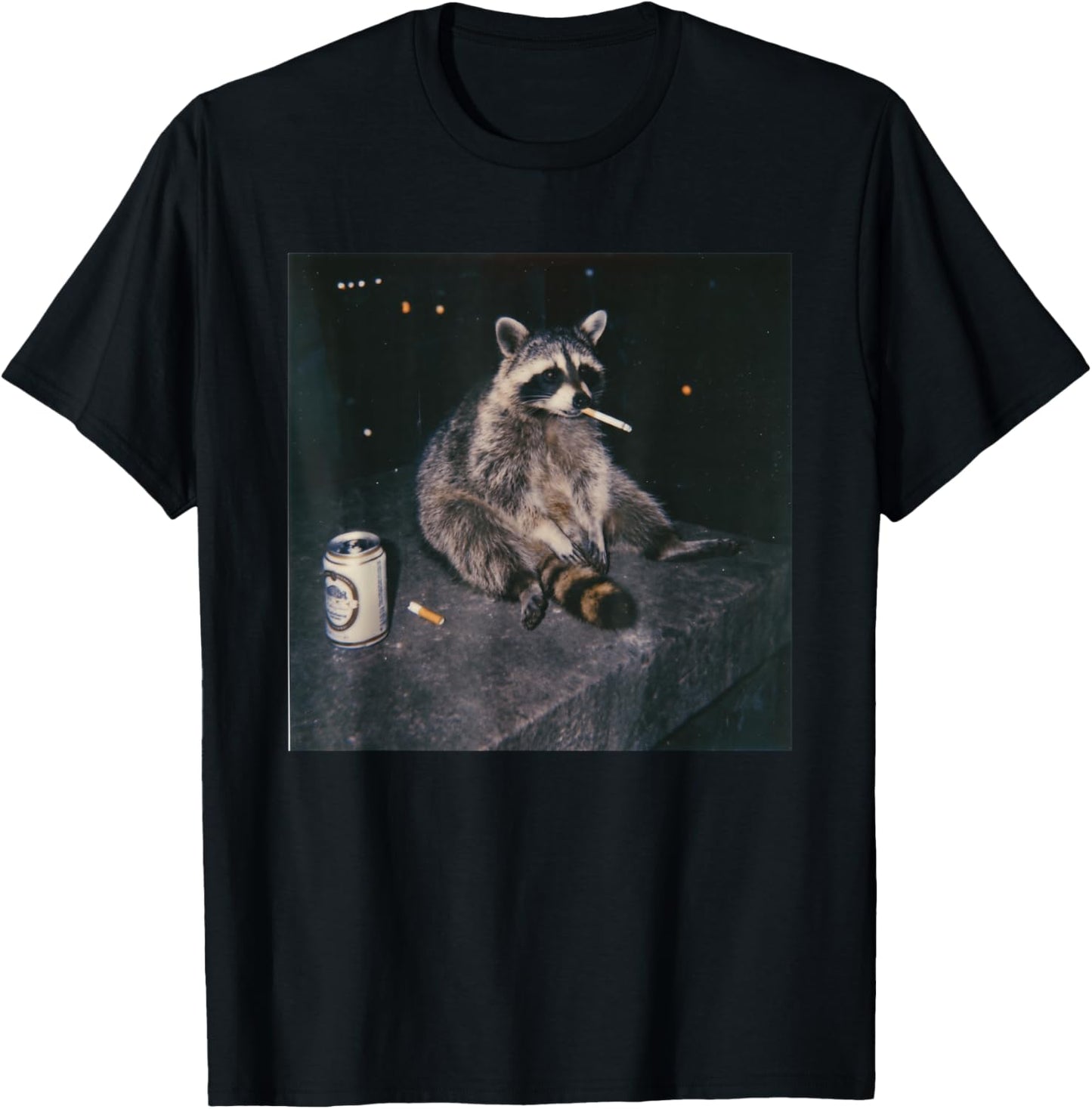 Raccoon Smoking Cigarette Beer Can Urban Night T-Shirt - T-Shirt | Black