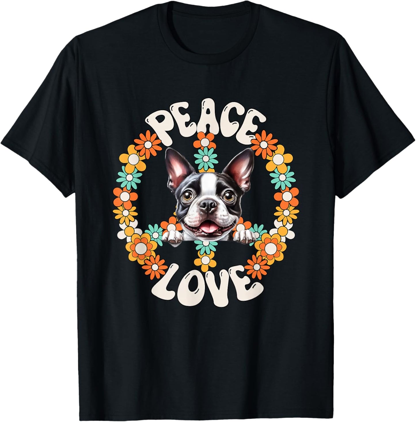 60s 70s Groovy Peace Love Boston Terrier Lovers T-Shirt - T-Shirt | Black