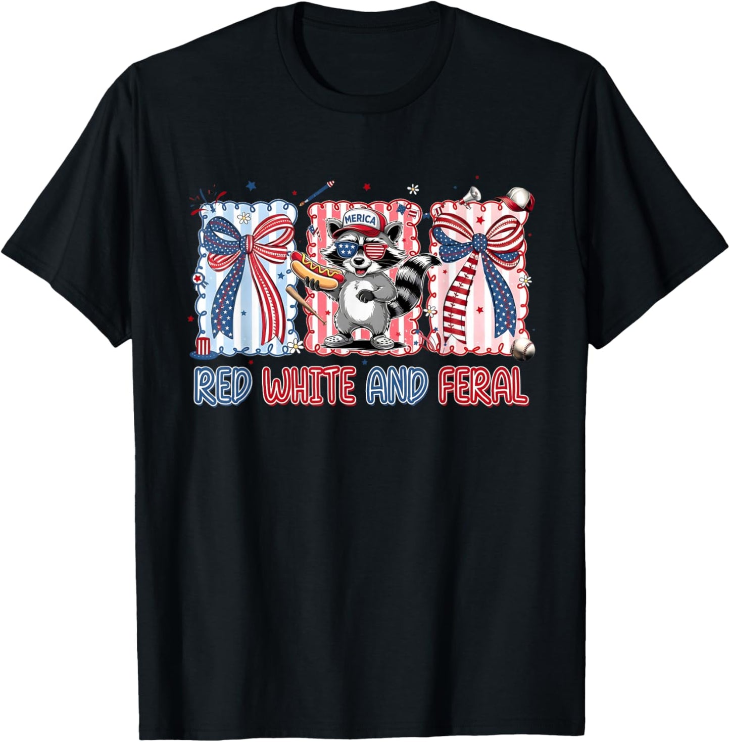 Red White and Feral Patriotic Raccoon Coquette Bow Baseball T-Shirt - T-Shirt | Black