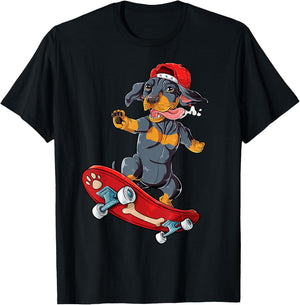 Dachshund Skateboard T shirt Wiener Dog Funny Skateboarding Men Women Kids T-Shirt - T-Shirt | Black