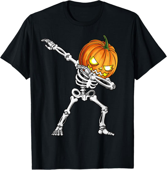 Halloween Boys Dabbing Skeleton Scary Pumpkin Jack O Lantern T-Shirt - T-Shirt | Black