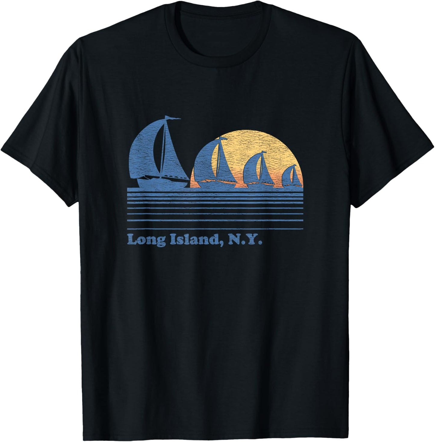 Long Island NY Sailboat Vintage 80s Sunset T-Shirt - T-Shirt | Black
