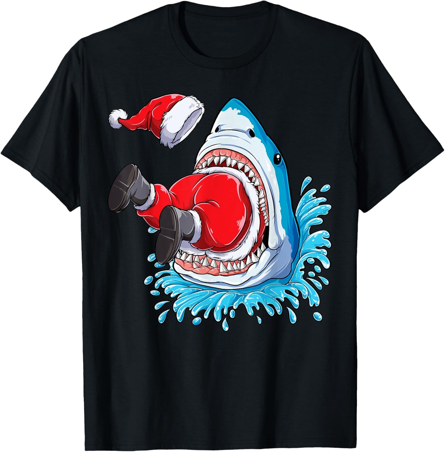 Shark Eating Santa Claus Christmas Boys Merry Sharkmas Xmas T-Shirt - T-Shirt | Black