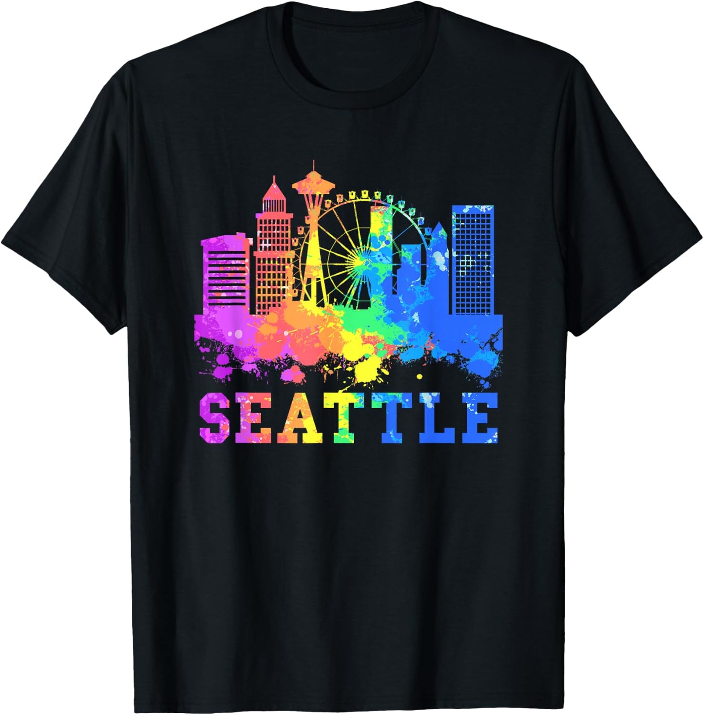 Seattle Washington Skyline Watercolor Souvenir Seattle T-Shirt - T-Shirt | Black