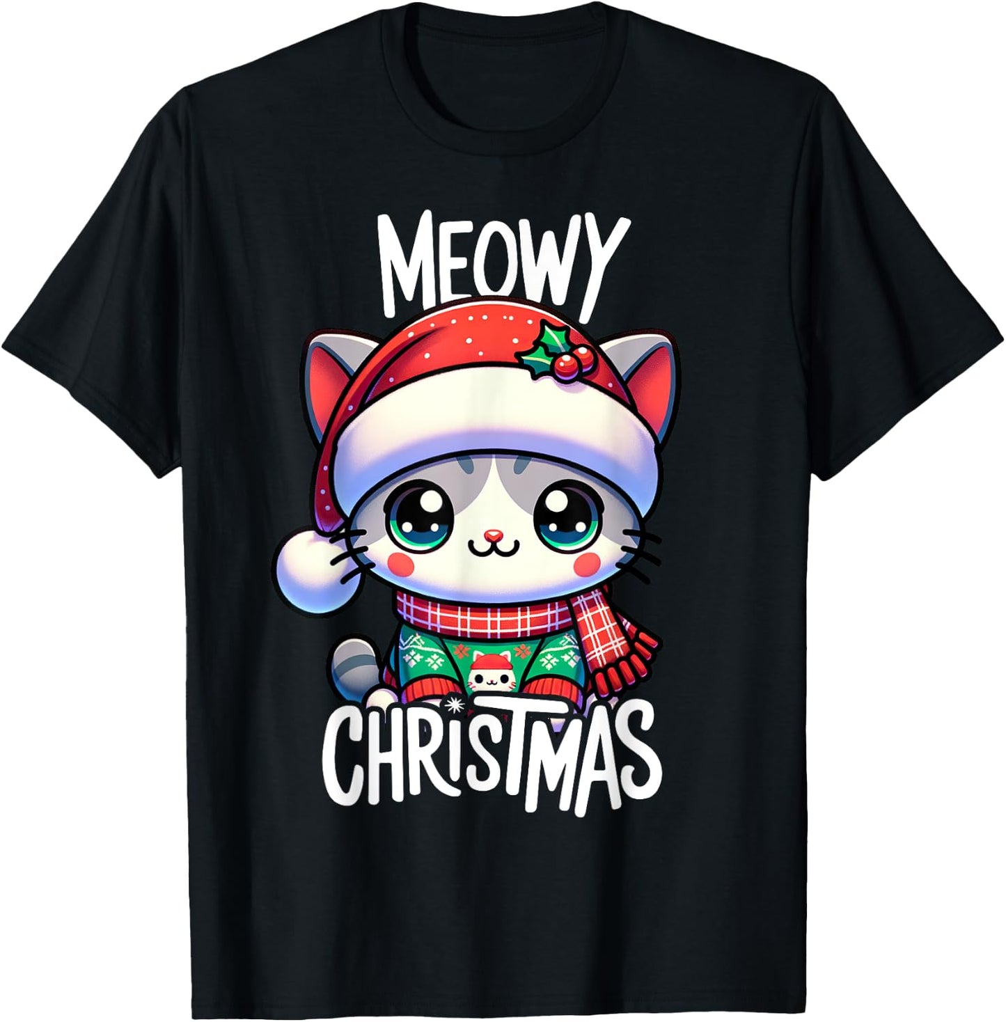 Meowy Christmas Cat Lover Funny Festive Holidays Cute Kitten Men Women Kids T-Shirt - T-Shirt | Black
