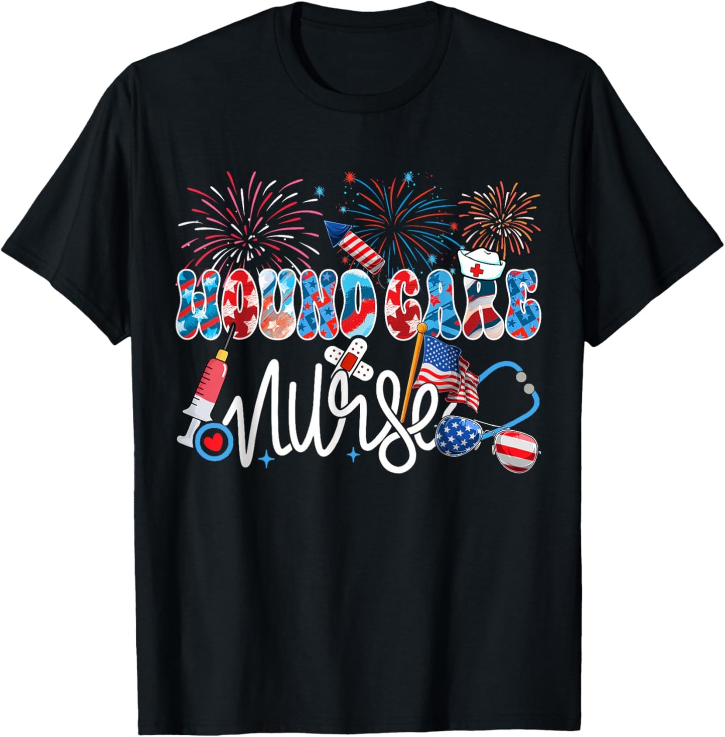 Wound Care Nurse Patriotic USA Flag Stethoscope 4th of July T-Shirt - T-Shirt | Black
