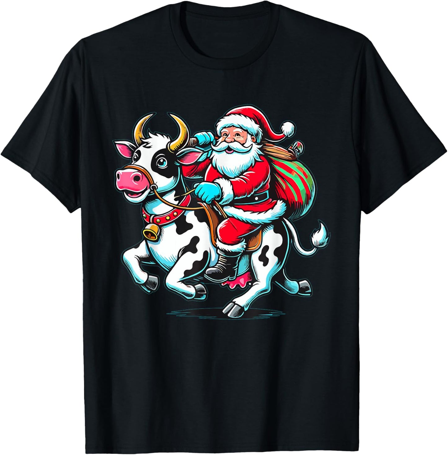 Santa Riding Cow Farmer Xmas Christmas T-Shirt - T-Shirt | Black