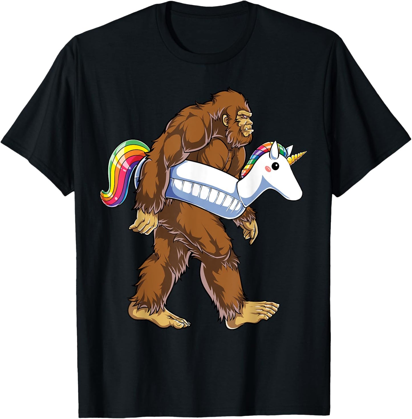 Pool Party Bigfoot Unicorn Float Funny Sasquatch Rainbow T-Shirt - T-Shirt | Black