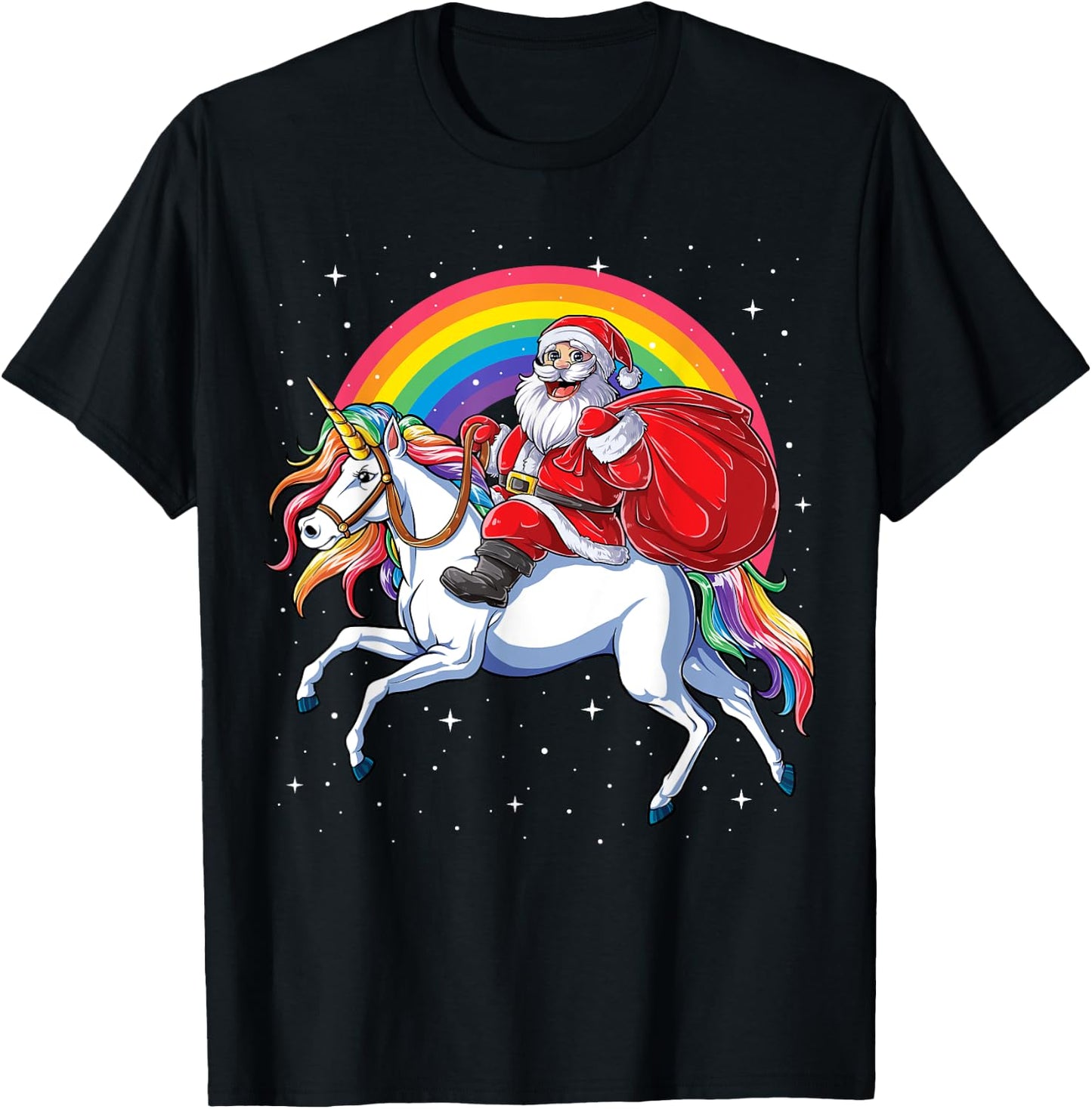 Christmas Santa Riding Unicorn Xmas Girls Women Rainbow T-Shirt - T-Shirt | Black