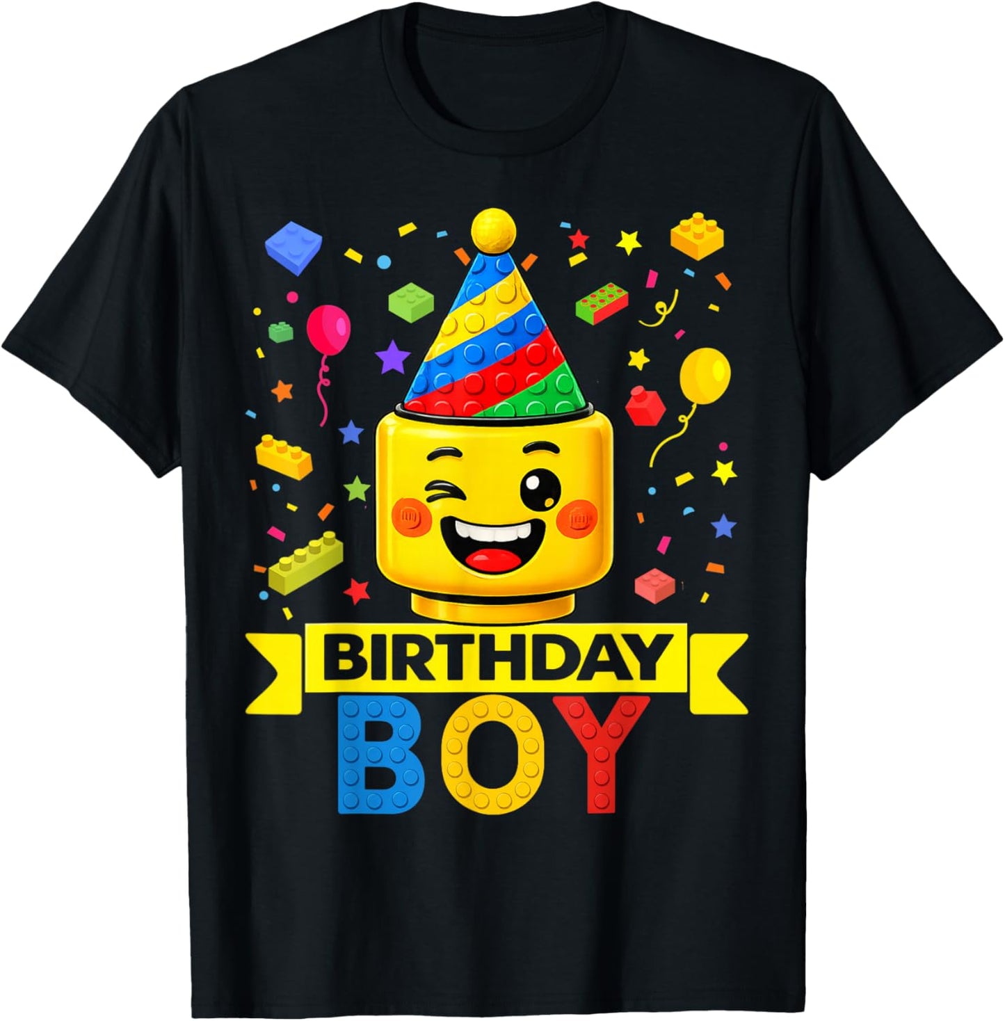 Building Bricks Boy Birthday Party Hat Master Builder Blocks T-Shirt - T-Shirt | Black